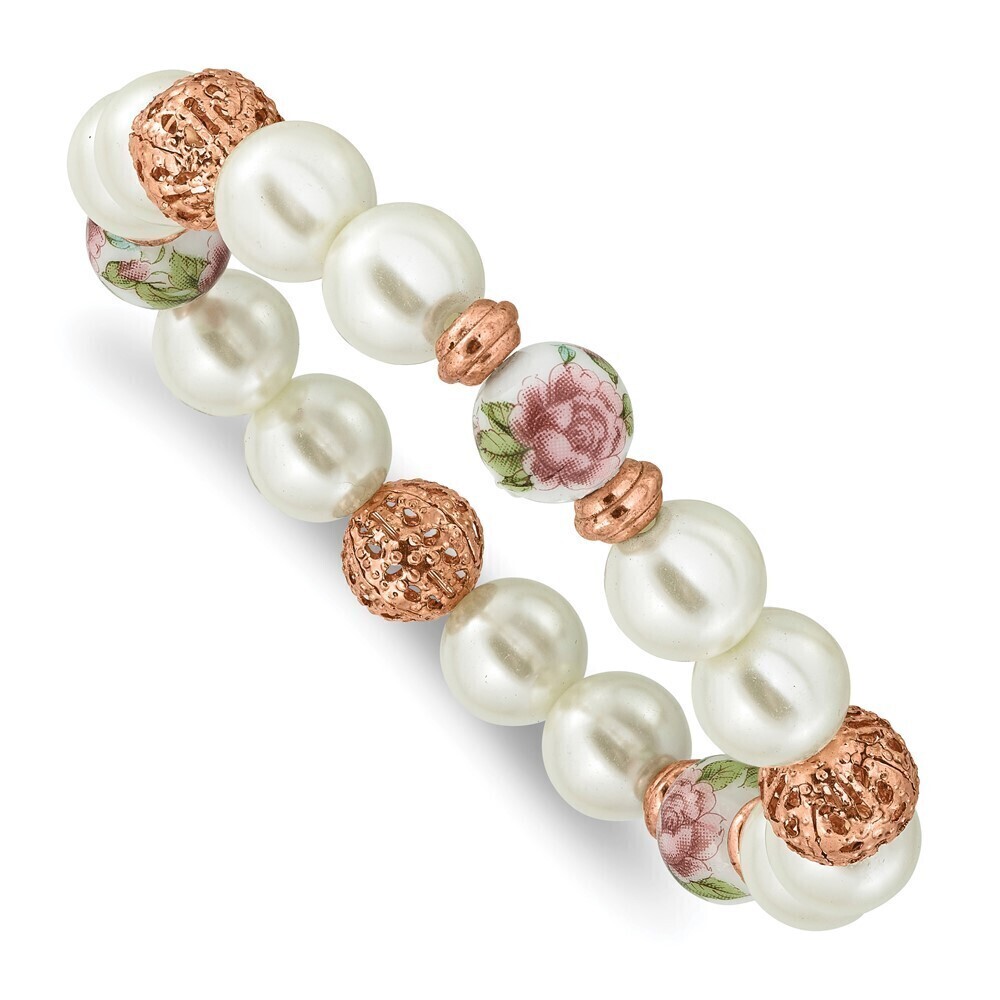 Rose-tone Filigree Pattern Faux Pearl Floral Motif Decal Beaded Stretch Bracelet